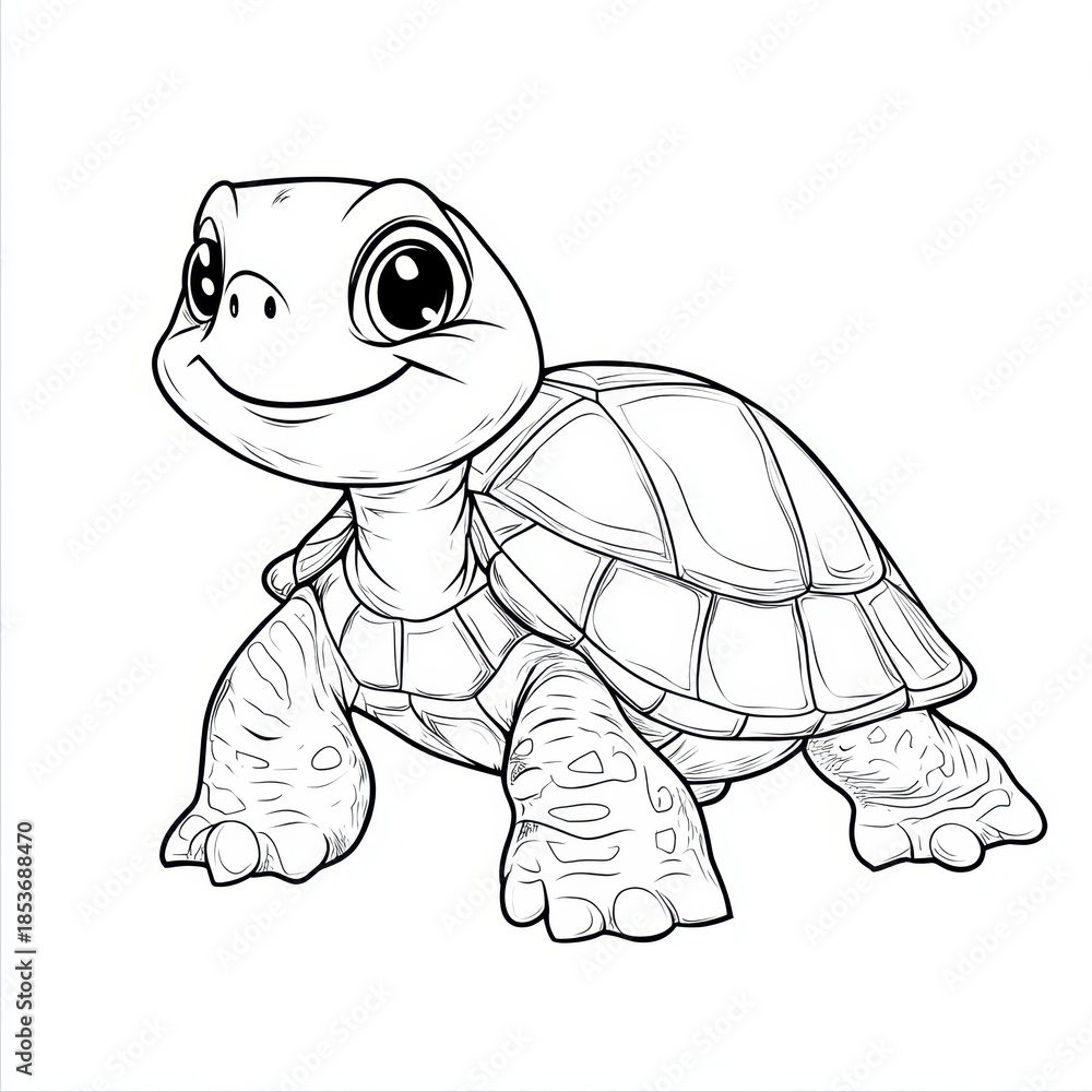 Fototapeta premium Black and white cartoon of a cheerful turtle with big eyes and a smile.
