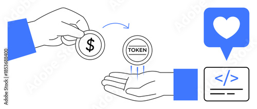 Cryptocurrency, digital payments, coding, token exchange, online interactions, blockchain. A hand gives a coin marked as token. Cryptocurrency and digital payments concept
