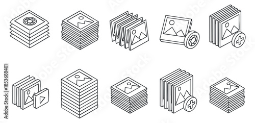 A collection of photo stack icons in clean outline vector style, suitable for media and design applications