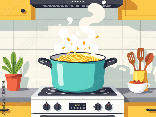 Pasta pot on electric stove, cooking process, vibrant kitchen setting