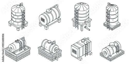 A set of water tanks and pumps in outline minimalist vector style, suitable for engineering and industrial design projects