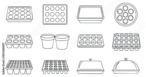 A collection of seed trays and containers in minimalist outline vector style, suitable for gardening and planting projects