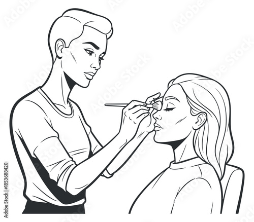 A beauty artist applying makeup to a model in black and white line art vector style, suitable for beauty and fashion projects