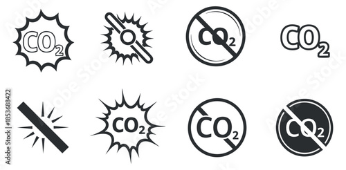 A collection of CO2 emission and pollution warning icons in black and white minimalist vector style, suitable for environmental campaigns and educational materials