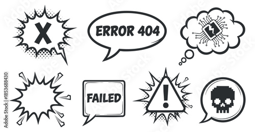 A collection of error and alert icons including error 404, failed messages, and warning symbols in black and white comic style, suitable for digital design and web usage