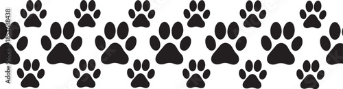 Repeating Pattern of Black Dog Paw Prints on White Background Keywords: dog paw prints, animal