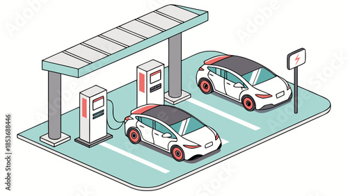 Isometric Illustration of Electric Vehicle Charging Station with Two Modern EVs, Sustainable Energy Concept, Clean Transportation Infrastructure