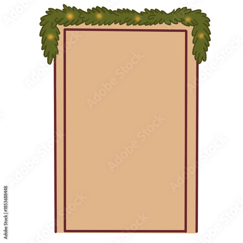 Christmas frame border decorated with green garland and yellow berry lights