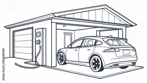 Electric Vehicle Charging at Home Garage - EV SUV Plugged into Wall Charger, Sustainable Transportation Line Art Illustration