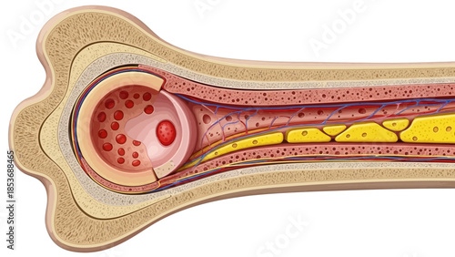 Cross-sectional anatomy of a blood vessel with blood cells and plaque