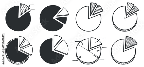 A collection of pie charts in black and white outline vector style, suitable for data visualization and business presentations
