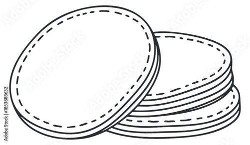 A set of round cookies with dashed edges in black and white outline vector style, ideal for bakery branding and dessert menus