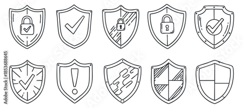 A collection of security shield icons featuring checkmarks, locks, and warning symbols in minimalist outline vector style, suitable for technology and safety projects