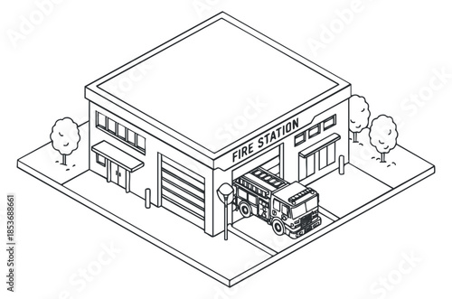An isometric outline illustration of a fire station featuring a fire truck, suitable for emergency services design projects