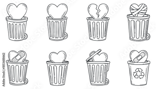 A set of trash bin illustrations featuring hearts, broken hearts, and medical bandages in black outline minimalist vector style, perfect for creative projects and health themes