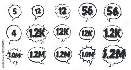 A collection of speech bubbles with various numbers in black and white comic vector style, ideal for digital marketing and social media design
