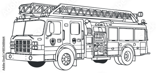 A fire truck with a ladder and firefighting equipment in black and white outline vector style, ideal for emergency services illustrations