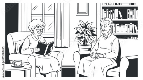 An elderly couple reading together in a cozy living room in black and white vector style, ideal for family and lifestyle themes
