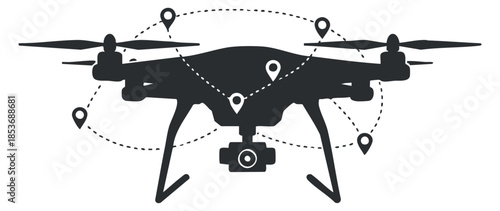 A modern drone with location pins in flat black and white vector style, ideal for technology and logistics branding