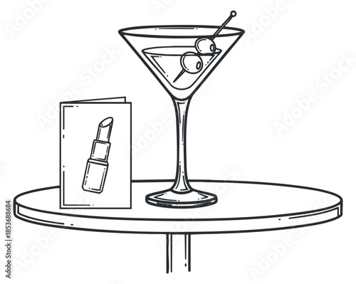 A martini glass with olives and a menu featuring lipstick in a minimalist outline vector style, perfect for bar and restaurant branding