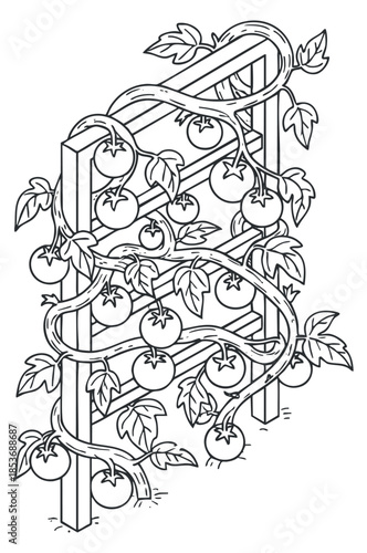 A tomato plant climbing a wooden trellis in black and white line art style, ideal for gardening illustrations and educational materials