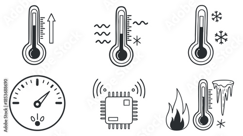 A collection of thermometers in black and white vector style depicting temperature variations, ideal for scientific and educational designs