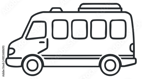 A side view of a minibus in a clean black and white outline vector style, suitable for transportation and travel themes
