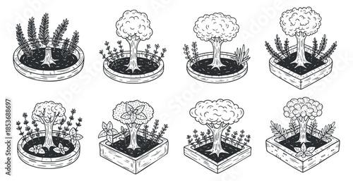 A collection of eight tree and plant illustrations in black and white outline vector style, ideal for botanical designs and eco-themed projects