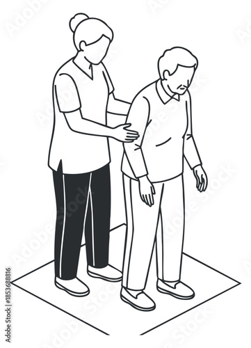 A caregiver assisting an elderly person in outline vector style, suitable for healthcare and wellness projects