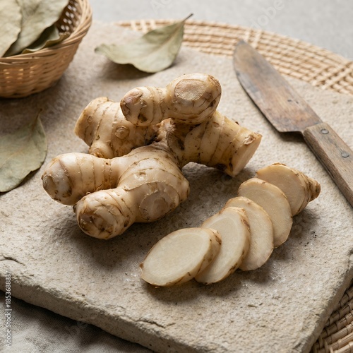 Fresh galangal roots and sliced pieces on a rustic stone cutting board