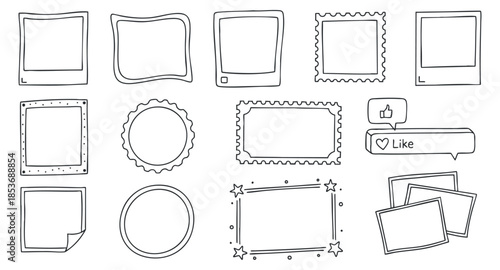 A collection of various hand-drawn photo frames and borders in black and white outline vector style, perfect for creative projects and social media posts