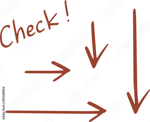 手描きの右へ向かう矢印と下がる矢印の2本セット　Check！文字付き