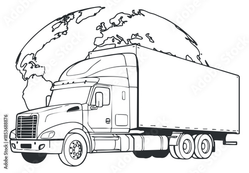A delivery truck with a world map outline in black and white vector style, suitable for logistics and shipping branding