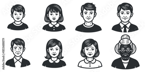 A collection of diverse cartoon faces depicting children and adults in black and white vector style, suitable for character design and illustrations