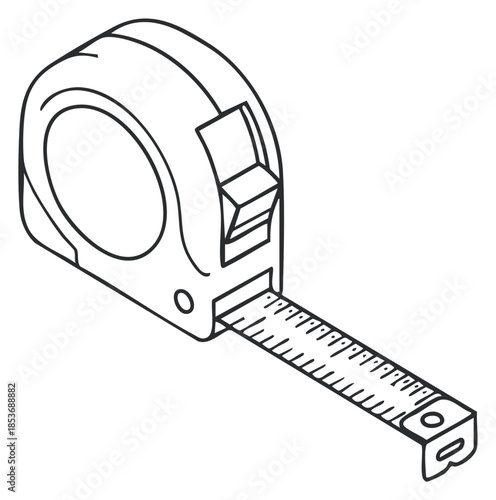 A measuring tape tool in black and white outline vector style, ideal for construction and design projects