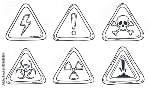 A collection of hazard warning icons including electrical, toxic, and biohazard symbols in black and white outline vector style, ideal for safety signage and education materials