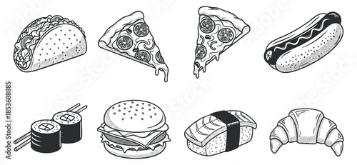 A collection of food illustrations featuring tacos, sushi, pizza, hotdogs, hamburgers, and croissants in black and white vector style, perfect for culinary design projects