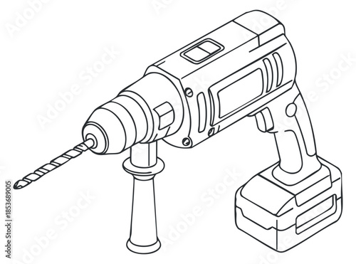 An electric drill with a battery and drill bit in detailed outline vector style, suitable for construction and repair projects