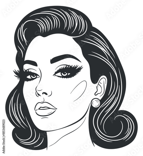 A glamorous woman portrait in black and white lineart style, ideal for beauty and fashion branding