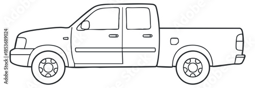 A side view of a pickup truck in black and white outline vector style, suitable for automotive design and transportation projects