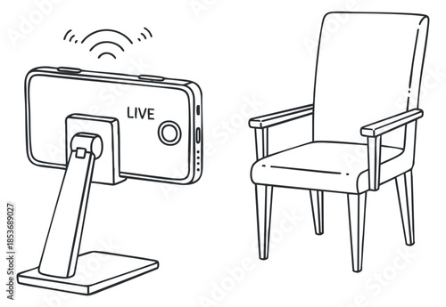 A smartphone on a stand displaying 'LIVE' next to a comfortable chair in a minimalist outline vector style, ideal for digital content creation and streaming setups