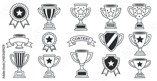 A collection of various award trophies, badges, and contest symbols in black and white outline vector style, suitable for competitions and recognition designs