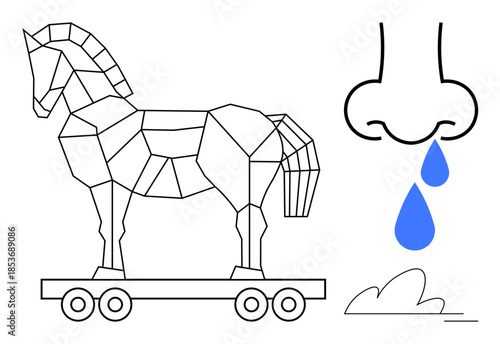 Digital threats, cybersecurity, online deception, health issues, allergies, conceptual visuals. Geometric Trojan horse beside a runny nose. Digital threats and cybersecurity concept