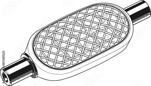 Mechanical car exhaust resonator part illustration with wire mesh texture isolated on white background, CAD drawing flat vector illustration