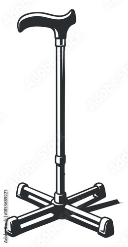 A walking cane with a comfortable handle and a stable four-point base in black and white outline vector style, suitable for health and wellness projects