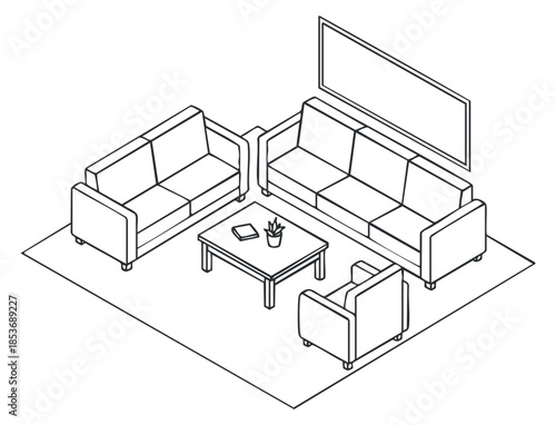 An isometric illustration of a cozy living room with two sofas, a coffee table, and a potted plant in minimalist outline style, perfect for interior design projects