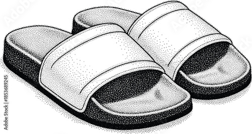 Pair of summer beach slide sandals in stipple halftone style isolated on white background, CAD drawing flat vector illustration