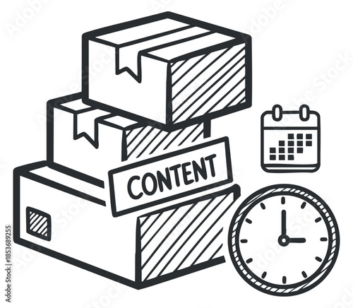 A stack of boxes labeled 'CONTENT' with a calendar and clock in black and white outline vector style, suitable for logistics and planning projects