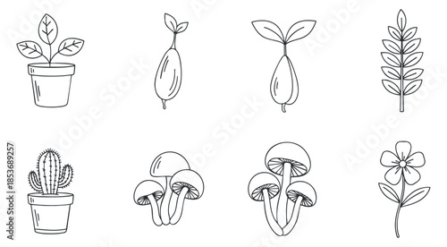 A collection of various plant illustrations including potted cactus, mushrooms, and leaves in minimalist black outline vector style, ideal for botanical designs and eco-themed projects