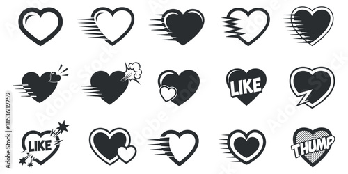 A collection of dynamic heart icons with various effects in black and white vector style, perfect for social media and branding